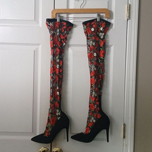 Design for Jacobies over the knee red black floral heeled boots  Sz 9 NWOT - Picture 1 of 11